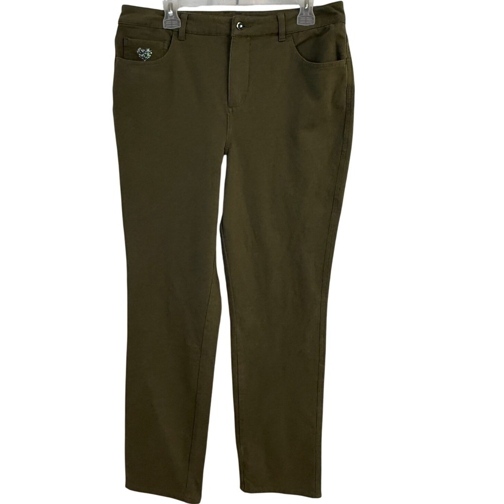 Dream Jeans by‎ Quacker Factory Olive Green Embellished Pants Size 10 High Rise